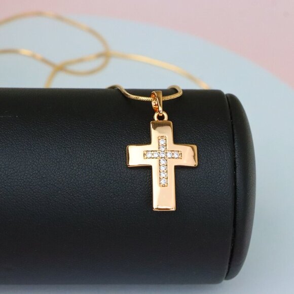 "Rose Gold Cross Pendant with Inset CZ Accents in Glossy Finish, XPPT1847 - Picture 5 of 13